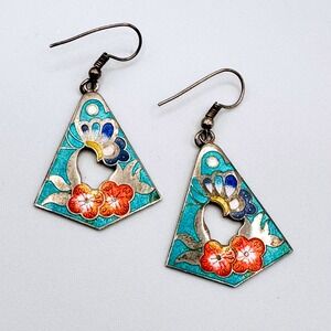 Enamel Cloisonné Butterfly Flower Triangle Dangle Earrings colorful Silver Tone
